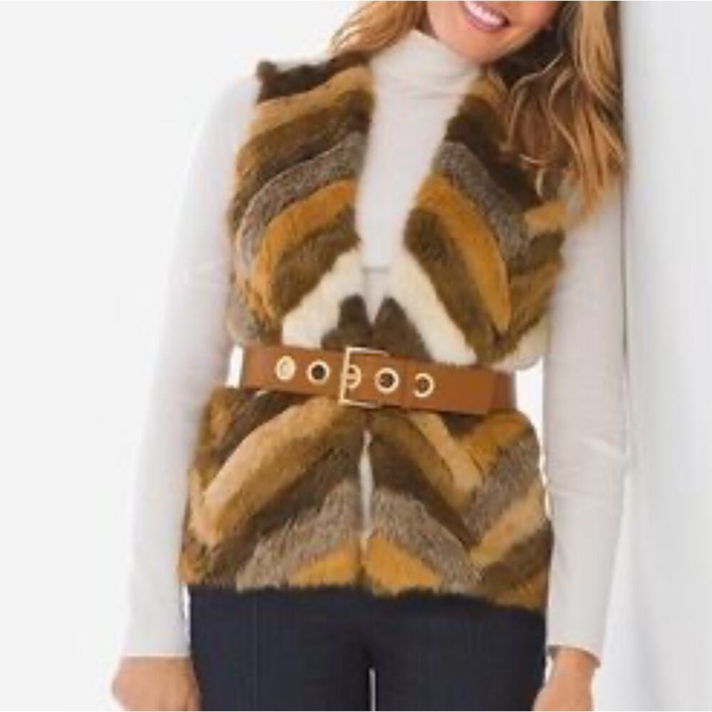 Chico’s Womens Size 1 Roxie Mixed Faux Fur Open Front Vest Brown Chevron Pattern